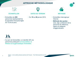 APPROCHE MÉTHODOLOGIQUE
©Ipsos – Les nouvelles pratiques sportives des Français – Pour Reed expositions Janvier
2015
2
ÉCHANTILLON
• Echantillon de 995
personnes représentatif de
la population française âgée
de 15 ans et plus.
DATES DE TERRAIN
• Du 19 au 26 janvier 2015.
MÉTHODE
• Echantillon interrogé par
Internet.
• Méthode des quotas :
sexe, âge, profession de la
personne de référence,
région et catégorie
d’agglomération.
• Au sein de l’échantillon, on identifie 30% de
personnes pratiquant la musculation, le
fitness ou la gymnastique d’entretien
 