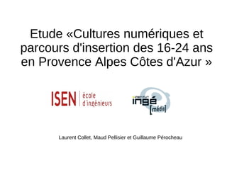 Etude «Cultures numériques et
parcours d'insertion des 16-24 ans
en Provence Alpes Côtes d'Azur »




      Laurent Collet, Maud Pellisier et Guillaume Pérocheau
 