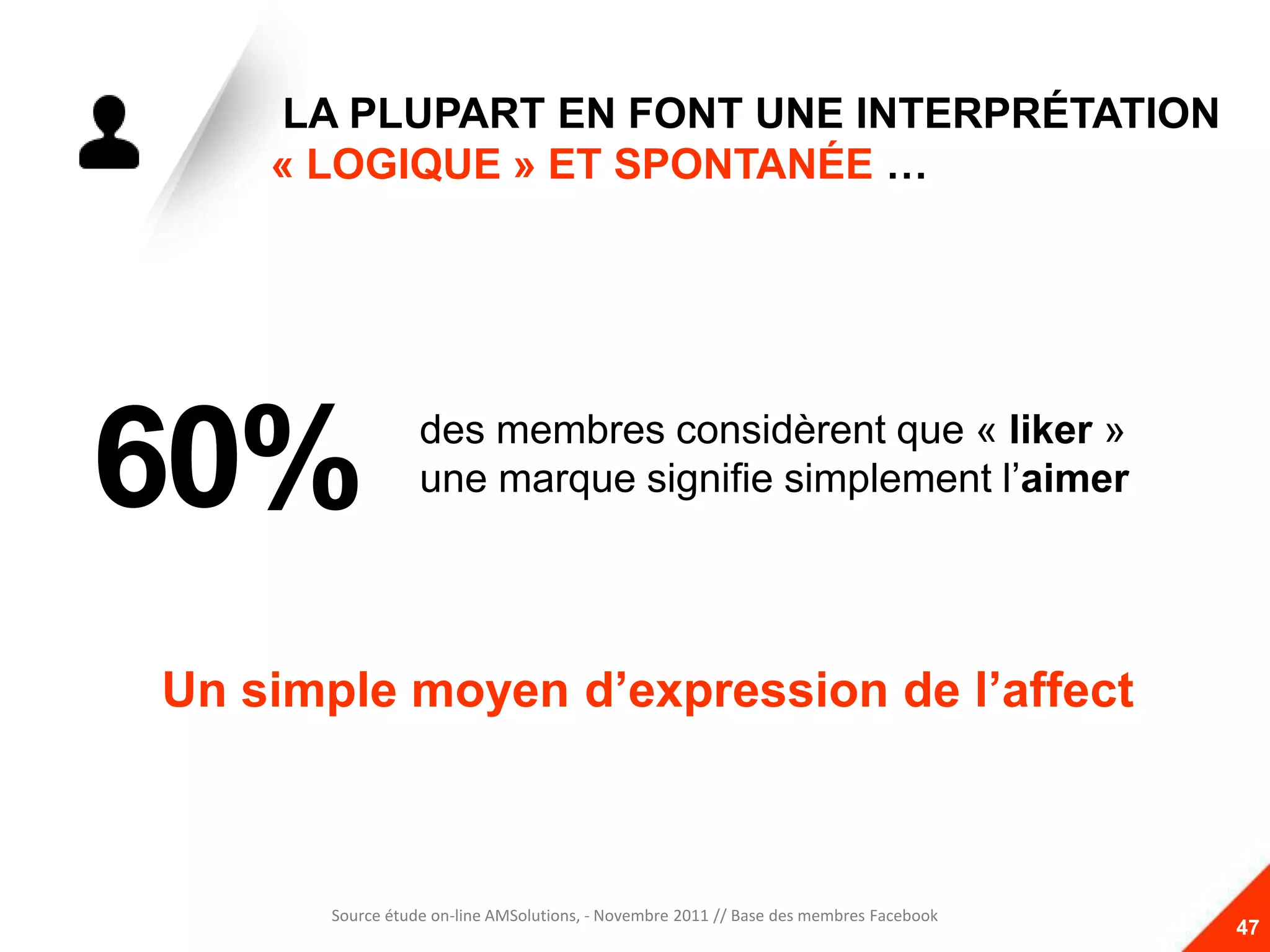 LA PLUPART EN FONT UNE INTERPRÉTATION
    « LOGIQUE » ET SPONTANÉE …




60%              des membres considèrent que « liker »
                 une marque signifie simplement l’aimer




Un simple moyen d’expression de l’affect



      Source étude on-line AMSolutions, - Novembre 2011 // Base des membres Facebook
                                                                                       47
 