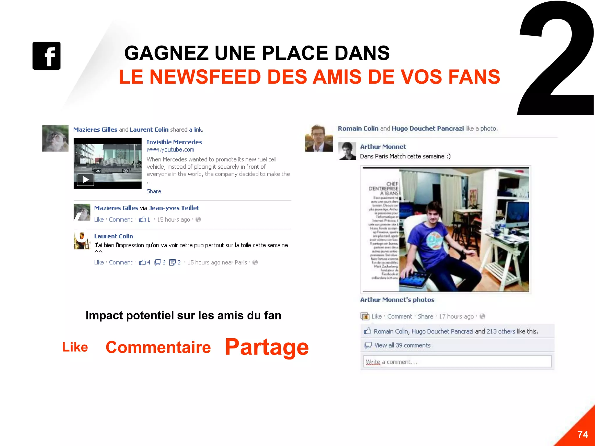 GAGNEZ UNE PLACE DANS
          LE NEWSFEED DES AMIS DE VOS FANS
                                             2
53%
    Impact potentiel sur les amis du fan

 Like   Commentaire          Partage


                                             74
 