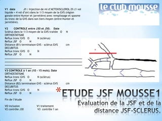 V1 date          J1 : Injection de ml d’AETOXISCLEROL 2% (1 vol
liquide + 4 vol d’air) dans le 1/3 moyen de la GVS (région
gonale entre Hunter et jarretière) avec remplissage et spasme
du tronc de la GVS dans son tiers moyen (entre Hunter et
jarretière).

V2      CONTROLE entre J30 et J50. Date
Sclérus dans le 1/3 moyen de la GVS traitée O N
ORTHOSTATISME
Reflux tronc GVS O        N (sclérus)
Reflux JSF O        N
Distance (B1) terminaison GVS – sclérus GVS   cm
DECUBITUS
Reflux tronc GVS O        N
Reflux JSF O        N
_________________________________________________
_________________________________________________
_________________________________________________
_________________
V3 CONTROLE à 1 an (10 - 15 mois). Date
ORTHOSTATISME
Reflux tronc GVS O        N (sclérus)
Reflux JSF O        N
Distance (B2) terminaison GVS – sclérus GVS   cm



                                         *
DECUBITUS
Reflux tronc GVS O        N
Reflux JSF O        N

Fin de l’étude

VO inclusion              V1 traitement
V2 contrôle J30           V3 contrôle 1 an
 