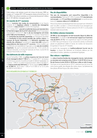 LA LOGISTIQUE ET LES LOCAUX D’ACTIVITÉS EN FRANCE

                                                            ZOOM : LE MARCHÉ DES MESSAGERIES EN ILE-DE-FRANCE

                                                    Cette analyse a été réalisée à partir de la base de données CBRE qui            Peu de disponibilités
                                                    compte, au 1er octobre 2011, 87 messageries situées en Ile-de-France, soit
                                                                                                                                    Très peu de messageries sont aujourd’hui disponibles à la
                                                    671 700 m² de surfaces construites sur un foncier total de près de 2 millions
                                                                                                                                    commercialisation. Parmi les 671 700 m² existants, 91 % des bâtiments
                                                    de m². (Cf. définition messagerie page 20).
                                                                                                                                    sont occupés, seuls 9 % sont libres immédiatement. Le marché est donc
                                                    Un marché de 2ème couronne                                                      tendu et la vacance s’élève à 6 % (38 000 m²).
                                                    Face à l’évolution des modes de consommation et aux besoins                     Moins d’une dizaine de développements futurs pourraient venir alimenter le
                                                    croissants de la logistique urbaine, le marché des messageries                  stock. Les offres « en blanc », comme le lancement d’une messagerie par
                                                    représente un enjeu d’avenir du secteur de la logistique.
                                                                                                                                    Sogaris à Créteil (5 600 m², livraison prévue d’ici fin 2011), ou les projets
                                                    Au 1er octobre 2011, près de la moitié des locaux est recensée dans
                                                                                                                                    éventuels restent encore limités.
                                                    le Nord de la région (46 %) et 32 % dans le Sud. L’Est et l’Ouest pèsent
                                                    respectivement 13 % et 9 %. Les 2/3 de ces messageries sont situés              De faibles volumes transactés
                                                    entre l’A86 et la Francilienne ; 31 % en 1ère couronne. Faisant face à
                                                                                                                                    30 000 m² de messageries ont été transactés depuis le début de
                                                    des contraintes de proximité importantes, les messageries nécessitent
                                                                                                                                    l’année 2011. Ce résultat est en net recul par rapport aux 9 premiers
                                                    une localisation la plus proche possible des centres urbains. Le
                                                    manque de foncier disponible et de bâtiments répondant aux                      mois de 2010 (- 51 %), mais augmente par rapport à la même période
                                                    attentes des utilisateurs caractérisant la zone intra A86 explique la           en 2009. Bien qu’en baisse en ce qui concerne les volumes, la demande
                                                    prépondérance des locaux en 2ème couronne. Notons toutefois que                 placée est globalement stable en termes de nombre de transactions
                                                    ces bâtiments sont essentiellement regroupés sur des axes de circulation        (6 signatures à l’issue du 3ème trimestre).
                                                    importants, tels que le croisement autoroutier A6 / A10, proche de              Le marché des messageries est traditionnellement tourné vers la
                                                    l’aéroport Paris-Orly, ou le long de l’autoroute du Nord, à proximité de        location. La plupart des bâtiments est d’ordinaire détenue par des
                                                    l’aéroport Paris-Charles de Gaulle.
                                                                                                                                    spécialistes du secteur, opérateurs ou prestataires logistiques.
                                                    Des bâtiments de taille moyenne
                                                                                                                                    Des valeurs « repricées »
                                                    Suivant l’échantillon CBRE, la surface moyenne de l’aire de transit
                                                                                                                                    Les valeurs locatives faciales des messageries neuves, restructurées
                                                    d’une messagerie atteint 7 700 m² au 1er octobre 2011. Les bureaux
                                                    et autres locaux associés à la partie principale du bâtiment représentent, en   ou rénovées sont comprises entre 70 € et 115 € HT HC/m²/an en
                                                    moyenne, 1 200 m². La surface moyenne du terrain s’élève à 26 000 m².           Ile-de-France et entre 50 € et 100 € pour celles en état d’usage.
                                                    La majeure partie des bâtiments (41 %) est comprise entre 5 000 m²              Ces loyers se sont repositionnés en 2010, notamment pour les locaux de
                                                    et 10 000 m², 40 % entre 1 000 m² et 3 000 m² et 13 % entre                     moins bonne qualité, plus éloignés des centres urbains. Les bâtiments très
                                                    10 000 m² et 20 000 m².                                                         bien placés affichent toujours des valeurs élevées.

                                                    PARC DE MESSAGERIES EN ILE-DE-FRANCE AU 1ER OCTOBRE 2011




                                                    Source : CBRE

                                                                                                                                                                                   © 2011 CBRE


14
 