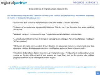 Des critères d’implantation récurrents
11
Les interlocuteurs sont attachés à certains critères quant au choix de l’implantation, notamment en termes
de facilité et de rapidité d’accès aux sites :
 Récurrence d’un souhait d’implantation sur une zone dédiée à l’accueil d’activités.
 Présence d’une autoroute à proximité (citée dans 20% des cas*), ou du moins d’un accès rapide et
aisé au site.
 Accès en transport en commun lorsque l’implantation est souhaitée en milieu urbain.
 Accès et proximité (en termes de temps de transport) vers et depuis Paris (importance de l’accès par
TGV en province).
 Un bassin d’emploi correspondant à leurs besoins en ressources humaines, notamment pour des
projets de création de sites supplémentaires (qualification, potentiel de recrutement, coût).
 Possibilité de bénéficier d’aides financières, à l’implantation ou à l’embauche de collaborateurs, mais
comme un facteur différenciant le plus souvent en choix final, sauf sur les projets très mobiles
géographiquement où ce critère peut devenir majeur.
* Ce chiffre est sous-estimé car certains interlocuteurs sélectionnent volontairement certains territoires ou grandes agglomérations du
fait de leur accessibilité en TGV ou par autoroute, sans nous le préciser.
TYPOLOGIE DES PROJETS
Regional Partner – Le marché de l’implantation d’entreprises en France 2012 - 2014
 