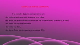 EXEMPLE :LE SERVICE COMMERCIAL
Il va permettre d’obtenir des informations sur :
– les ventes, produit par produit, en volume et en valeur,
– les ventes par secteur géographique (sur une ville, un département, une région, un pays),
– les ventes par circuit de distribution,
– les ventes par client,
– les clients (fichier clients, rapports commerciaux, SAV).
 