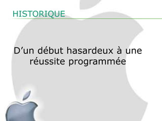 HISTORIQUE



D’un début hasardeux à une
   réussite programmée
 