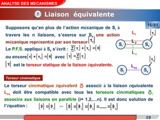 Cours de «Construction mécanique» de PT1, Année universitaire 2012/2013
Le torseur cinématique équivalent  associé à la liaison équivalente
Leq doit être compatible avec tous les torseurs cinématiques i
associés aux liaisons en parallèle (i= 1,2,…n). Il est donc solution de
l’équation :
19
ANALYSE DES MECANISMES
Liaison équivalente
16/81
   
i
          
1 2 n
.......
       

7
Supposons qu’en plus de l’action mécanique de Si à
travers les n liaisons, s’exerce sur Sk une action
mécanique représentée par son torseur
Le P.F.S. appliqué à Sk s’écrit :      
i n
i 0
i 1
0


   

     
0
0
       
i n
i
i 1


  

 
0

ou encore avec
 
 est le torseur statique de la liaison équivalente.
Torseur cinématique
Si Sk
L1
L n
L 2
.
.
.
 
0

Si Sk
Leq
 
0

 