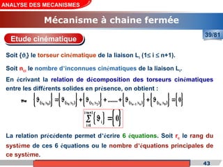 Cours de «Construction mécanique» de PT1, Année universitaire 2012/2013 43
ANALYSE DES MECANISMES
Mécanisme à chaine fermée
39/81
Soit {Ji} le torseur cinématique de la liaison Li (1£ i £ n+1).
Soit nci le nombre d’inconnues cinématiques de la liaison Li.
En écrivant la relation de décomposition des torseurs cinématiques
entre les différents solides en présence, on obtient :
Etude cinématique
La relation précédente permet d’écrire 6 équations. Soit rc le rang du
système de ces 6 équations ou le nombre d’équations principales de
ce système.
 
   
   
   
   
   
S S S S
S S S S S S
1 2 n 1 n
0 0 0 1 n 0
....... 0

          


   
i n 1
i
i 1
0
 

 


 