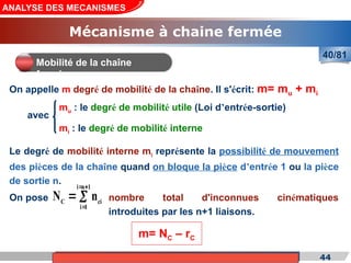 Cours de «Construction mécanique» de PT1, Année universitaire 2012/2013 44
ANALYSE DES MECANISMES
Mécanisme à chaine fermée
40/81
On appelle m degré de mobilité de la chaîne. Il s'écrit: m= mu + mi
Mobilité de la chaîne
fermée
Le degré de mobilité interne mi représente la possibilité de mouvement
des pièces de la chaîne quand on bloque la pièce d’entrée 1 ou la pièce
de sortie n.
On pose
mu : le degré de mobilité utile (Loi d’entrée-sortie)
mi : le degré de mobilité interne
avec
i n 1
C ci
i 1
N n
 

  nombre total d'inconnues cinématiques
introduites par les n+1 liaisons.
m= NC – rC
 