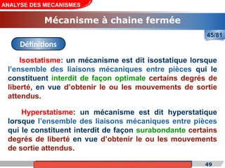 Cours de «Construction mécanique» de PT1, Année universitaire 2012/2013 49
ANALYSE DES MECANISMES
Mécanisme à chaine fermée
45/81
Isostatisme: un mécanisme est dit isostatique lorsque
l’ensemble des liaisons mécaniques entre pièces qui le
constituent interdit de façon optimale certains degrés de
liberté, en vue d’obtenir le ou les mouvements de sortie
attendus.
Définitions
Hyperstatisme: un mécanisme est dit hyperstatique
lorsque l’ensemble des liaisons mécaniques entre pièces
qui le constituent interdit de façon surabondante certains
degrés de liberté en vue d’obtenir le ou les mouvements
de sortie attendus.
 