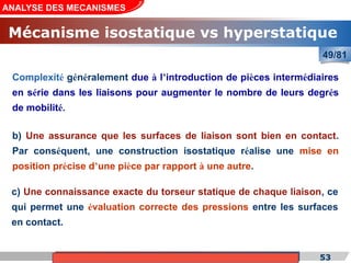 Cours de «Construction mécanique» de PT1, Année universitaire 2012/2013 53
ANALYSE DES MECANISMES
49/81
Complexité généralement due à l’introduction de pièces intermédiaires
en série dans les liaisons pour augmenter le nombre de leurs degrés
de mobilité.
b) Une assurance que les surfaces de liaison sont bien en contact.
Par conséquent, une construction isostatique réalise une mise en
position précise d’une pièce par rapport à une autre.
c) Une connaissance exacte du torseur statique de chaque liaison, ce
qui permet une évaluation correcte des pressions entre les surfaces
en contact.
Mécanisme isostatique vs hyperstatique
 