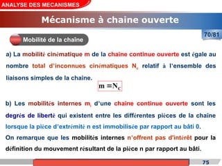 Cours de «Construction mécanique» de PT1, Année universitaire 2012/2013
b) Les mobilités internes mi d’une chaîne continue ouverte sont les
degrés de liberté qui existent entre les différentes pièces de la chaîne
lorsque la pièce d’extrémité n est immobilisée par rapport au bâti 0.
On remarque que les mobilités internes n’offrent pas d'intérêt pour la
définition du mouvement résultant de la pièce n par rapport au bâti.
75
ANALYSE DES MECANISMES
Mécanisme à chaine ouverte
70/81
a) La mobilité cinématique m de la chaîne continue ouverte est égale au
nombre total d’inconnues cinématiques Nc relatif à l’ensemble des
liaisons simples de la chaîne.
Mobilité de la chaîne
C
m N

 