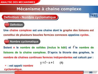 Cours de «Construction mécanique» de PT1, Année universitaire 2012/2013 80
ANALYSE DES MECANISMES
Mécanisme à chaine complexe
74/81
n 1
  

Une chaîne complexe est une chaîne dont le graphe des liaisons est
constitué de plusieurs boucles fermées connexes appelées cycles.
 : est appelé nombre
cyclomatique.
Définition - Nombre cyclomatique
Définition
Nombre cyclomatique

Soient n le nombre de solides (inclus le bâti) et le nombre de
liaisons de la chaîne complexe. D’après la théorie des graphes, le
nombre de chaînes continues fermées indépendantes est calculé par :
(1)
 