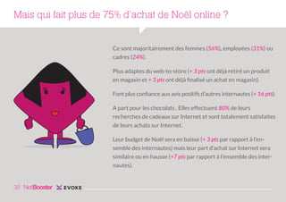 Mais qui fait plus de 75% d’achat de Noël online ?
Ce sont majoritairement des femmes (56%), employées (31%) ou
cadres (24%).
Plus adaptes du web-to-store (+ 3 pts ont déjà retiré un produit
en magasin et + 3 pts ont déjà finalisé un achat en magasin).
Font plus confiance aux avis positifs d’autres internautes (+ 16 pts).
A part pour les chocolats , Elles effectuent 80% de leurs
recherches de cadeaux sur Internet et sont totalement satisfaites
de leurs achats sur Internet.
Leur budget de Noël sera en baisse (+ 3 pts par rapport à l’ensemble des internautes) mais leur part d’achat sur Internet sera
similaire ou en hausse (+7 pts par rapport à l’ensemble des internautes).

38

 