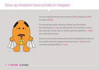 Ceux qui finalisent leurs achats en magasin
Ce sont majoritairement des hommes (57%), employés (25%)
ou cadres (22%).
Ce sont de plus petits acheteurs online que l’ensemble
des internautes (+ 5 pts ont effectué de 1 et 5 achats au cours
des 3 derniers mois) mais ils utilisent plus de tablettes (+ 2 pts)
pour faire leurs achats.
Seraient encore plus intéressés d’avoir la possibilité de réserver
les produits dans les magasins proches d’eux (+ 8 pts) et d’en
connaître la disponibilité (+ 7 pts).

40

 