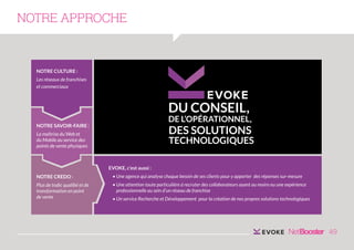 NOTRE APPROCHE

NOTRE CULTURE :
Les réseaux de franchises
et commerciaux

DU CONSEIL,

DE L’OPÉRATIONNEL,

NOTRE SAVOIR-FAIRE :

DES SOLUTIONS

La maîtrise du Web et
du Mobile au service des
points de vente physiques

TECHNOLOGIQUES
EVOKE, c’est aussi :

NOTRE CREDO :

• Une agence qui analyse chaque besoin de ses clients pour y apporter des réponses sur-mesure

Plus de trafic qualifié et de
transformation en point
de vente

• Une attention toute particulière à recruter des collaborateurs ayant au moins eu une expérience 	
professionnelle au sein d’un réseau de franchise
• Un service Recherche et Développement pour la création de nos propres solutions technologiques

49

 