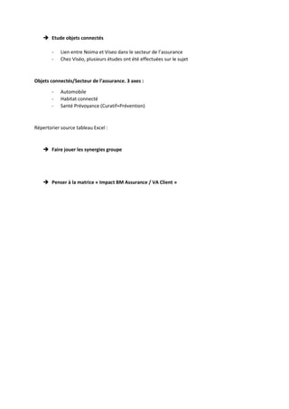  Etude objets connectés
- Lien entre Noima et Viseo dans le secteur de l’assurance
- Chez Viséo, plusieurs études ont été effectuées sur le sujet
Objets connectés/Secteur de l’assurance. 3 axes :
- Automobile
- Habitat connecté
- Santé Prévoyance (Curatif+Prévention)
Répertorier source tableau Excel :
 Faire jouer les synergies groupe
 Penser à la matrice « Impact BM Assurance / VA Client »
 