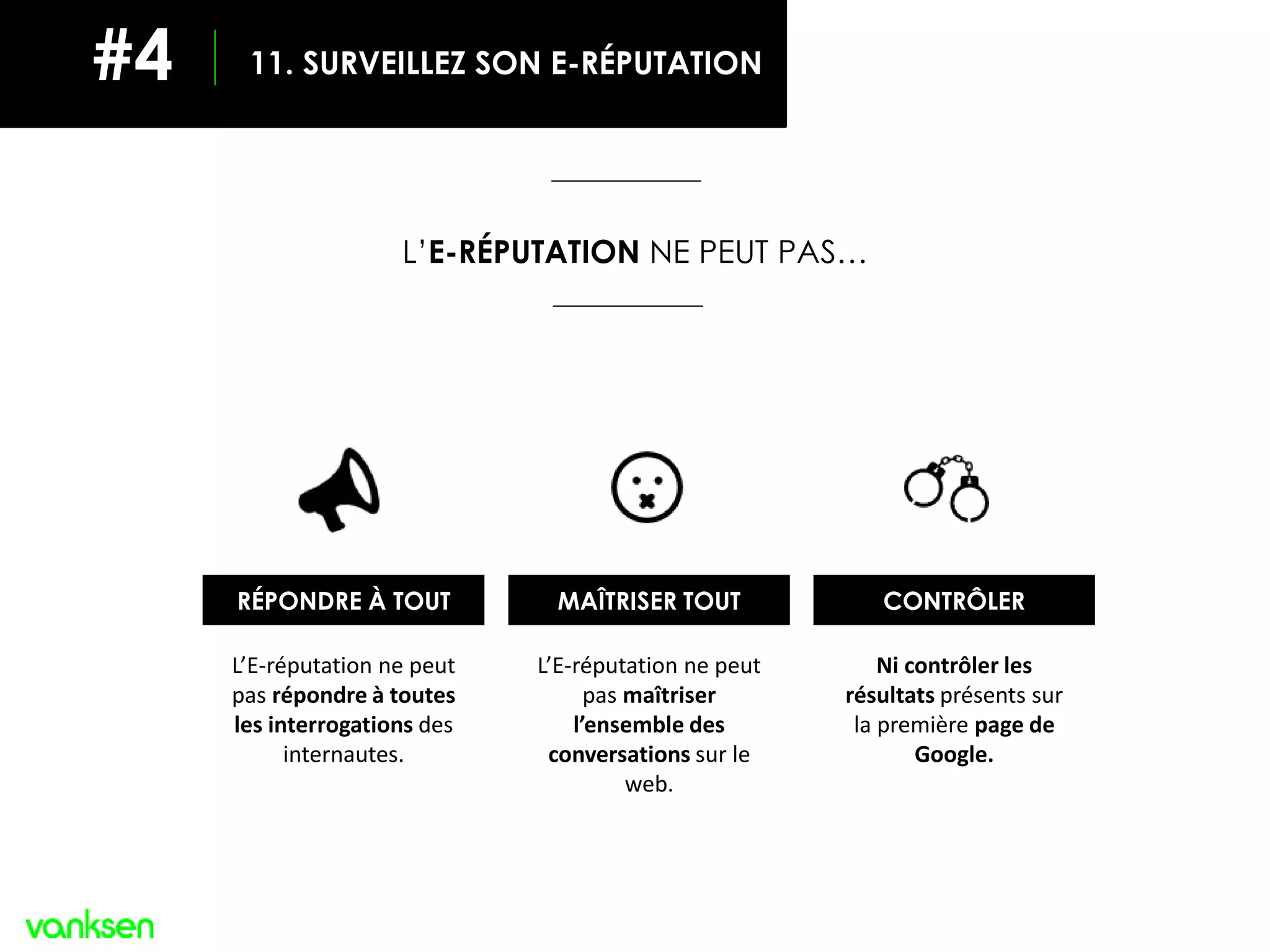 L’E-RÉPUTATION NE PEUT PAS…
L’E-réputation ne peut
pas répondre à toutes
les interrogations des
internautes.
L’E-réputation ne peut
pas maîtriser
l’ensemble des
conversations sur le
web.
Ni contrôler les
résultats présents sur
la première page de
Google.
RÉPONDRE À TOUT MAÎTRISER TOUT CONTRÔLER
11. SURVEILLEZ SON E-RÉPUTATION#4
 