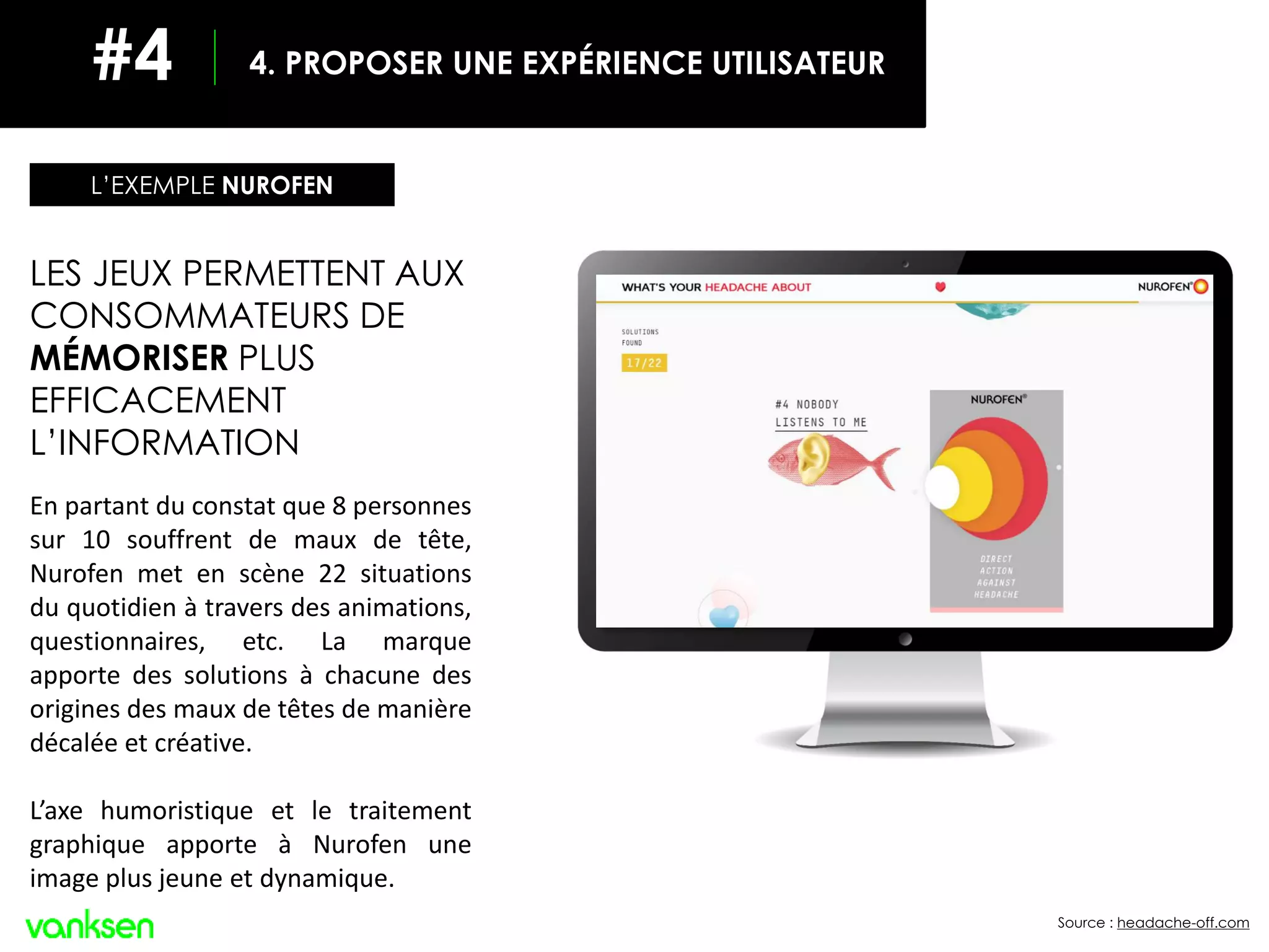 INCLURE LES RÉSEAUX SOCIAUX
Source : headache-off.com
LES JEUX PERMETTENT AUX
CONSOMMATEURS DE
MÉMORISER PLUS
EFFICACEMENT
L’INFORMATION
En partant du constat que 8 personnes
sur 10 souffrent de maux de tête,
Nurofen met en scène 22 situations
du quotidien à travers des animations,
questionnaires, etc. La marque
apporte des solutions à chacune des
origines des maux de têtes de manière
décalée et créative.
L’axe humoristique et le traitement
graphique apporte à Nurofen une
image plus jeune et dynamique.
L’EXEMPLE NUROFEN
4. PROPOSER UNE EXPÉRIENCE UTILISATEUR#4
 