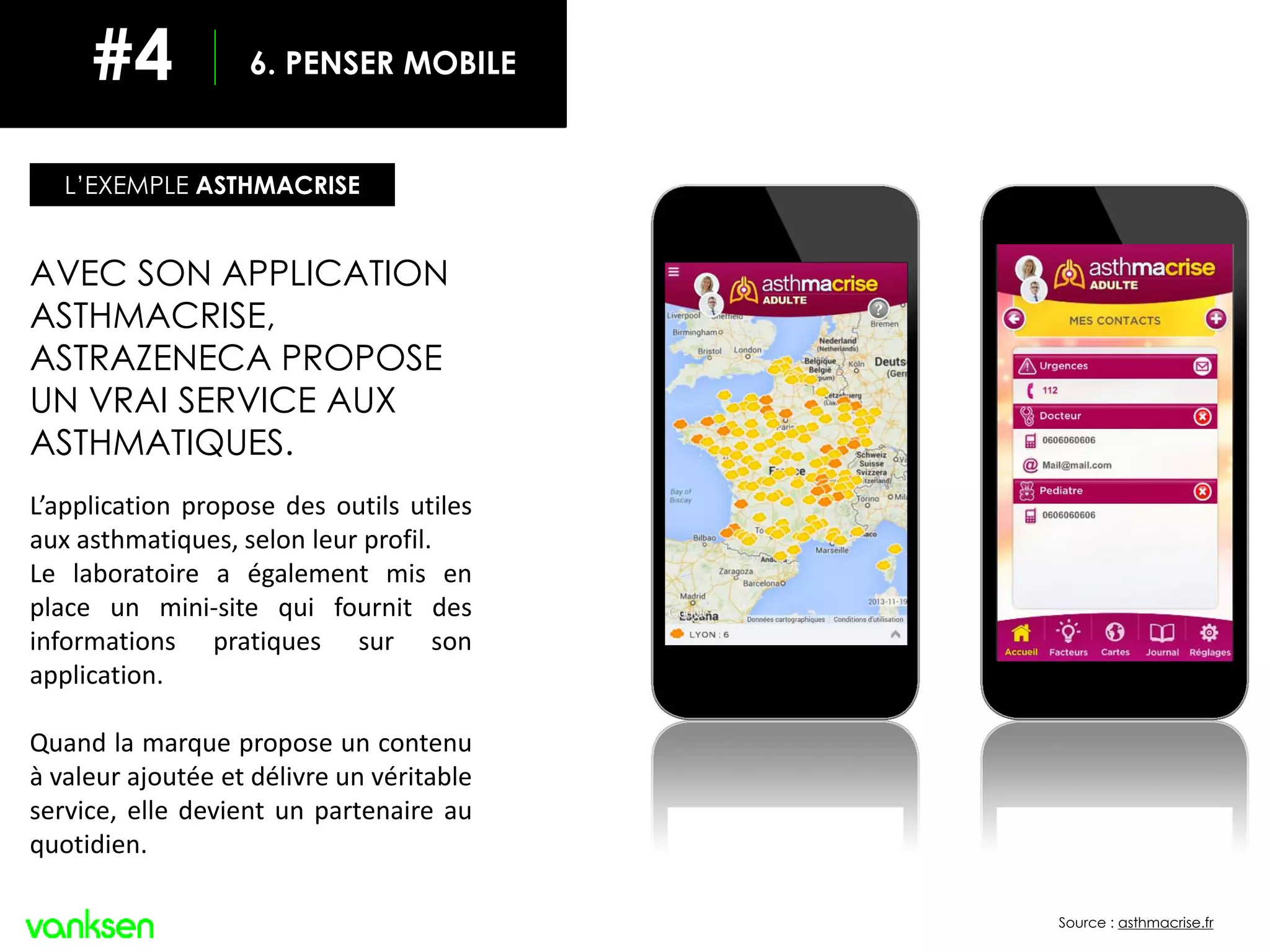 Source : asthmacrise.fr
AVEC SON APPLICATION
ASTHMACRISE,
ASTRAZENECA PROPOSE
UN VRAI SERVICE AUX
ASTHMATIQUES.
L’application propose des outils utiles
aux asthmatiques, selon leur profil.
Le laboratoire a également mis en
place un mini-site qui fournit des
informations pratiques sur son
application.
Quand la marque propose un contenu
à valeur ajoutée et délivre un véritable
service, elle devient un partenaire au
quotidien.
L’EXEMPLE ASTHMACRISE
6. PENSER MOBILE#4
 