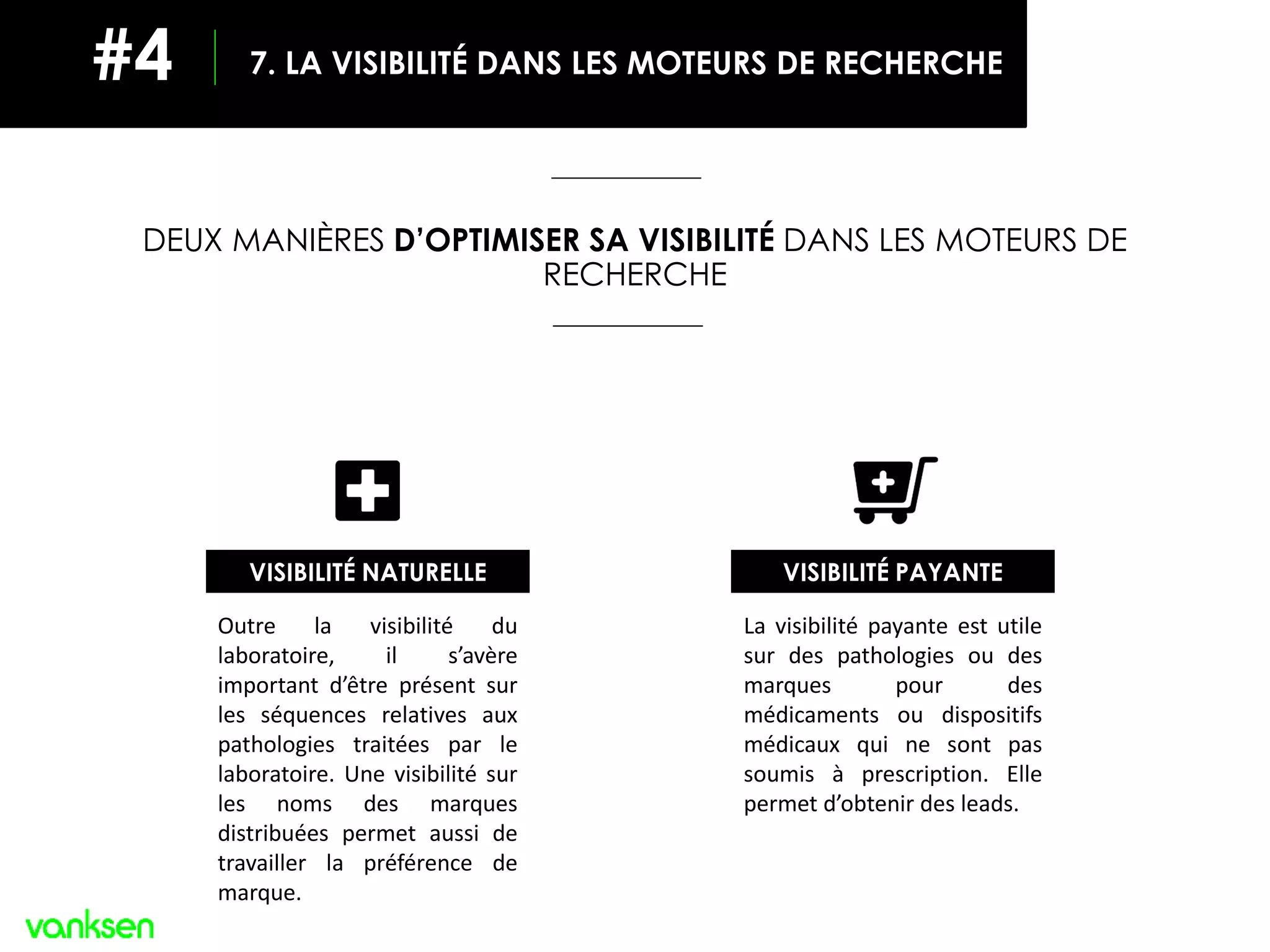 DEUX MANIÈRES D’OPTIMISER SA VISIBILITÉ DANS LES MOTEURS DE
RECHERCHE
Outre la visibilité du
laboratoire, il s’avère
important d’être présent sur
les séquences relatives aux
pathologies traitées par le
laboratoire. Une visibilité sur
les noms des marques
distribuées permet aussi de
travailler la préférence de
marque.
VISIBILITÉ NATURELLE VISIBILITÉ PAYANTE
La visibilité payante est utile
sur des pathologies ou des
marques pour des
médicaments ou dispositifs
médicaux qui ne sont pas
soumis à prescription. Elle
permet d’obtenir des leads.
7. LA VISIBILITÉ DANS LES MOTEURS DE RECHERCHE#4
 