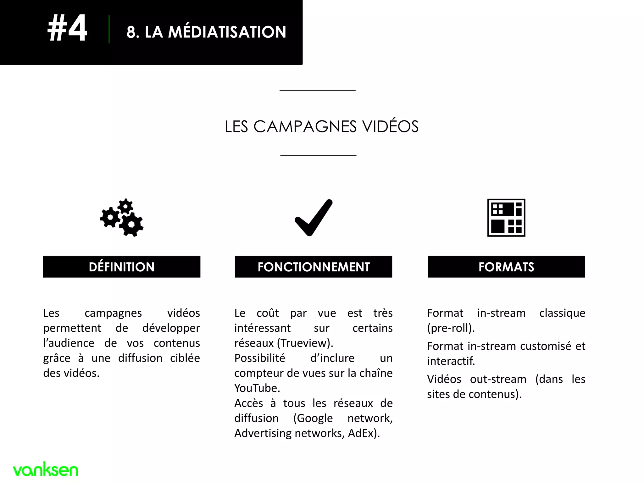 Les campagnes vidéos
permettent de développer
l’audience de vos contenus
grâce à une diffusion ciblée
des vidéos.
LES CAMPAGNES VIDÉOS
Le coût par vue est très
intéressant sur certains
réseaux (Trueview).
Possibilité d’inclure un
compteur de vues sur la chaîne
YouTube.
Accès à tous les réseaux de
diffusion (Google network,
Advertising networks, AdEx).
Format in-stream classique
(pre-roll).
Format in-stream customisé et
interactif.
Vidéos out-stream (dans les
sites de contenus).
8. LA MÉDIATISATION#4
DÉFINITION FONCTIONNEMENT FORMATS
 