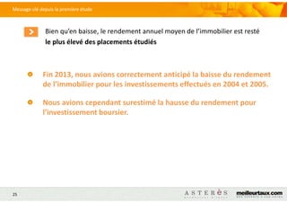 Message-clé depuis la première étude
Bien qu’en baisse, le rendement annuel moyen de l’immobilier est resté
le plus élevé des placements étudiés
Fin 2013, nous avions correctement anticipé la baisse du rendement
de l’immobilier pour les investissements effectués en 2004 et 2005.
Nous avions cependant surestimé la hausse du rendement pour
l’investissement boursier.
25
 