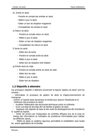 Gestion du stock Etude préliminaire
Mémoire 5
d) Entrée en stock
- Prendre en compte des entrées en stock
- Mettre à jour le stock
- Editer un bon de réception magasinier
- Comptabiliser les entrées en stock
e) Retour de stock
- Prendre en compte retour en stock
- Mettre à jour le stock
- Editer un bon de réception magasinier
- Comptabiliser les retours en stock
f) Sortie du stock
- Editer bon de sortie
- Prendre en compte sortie du stock
- Mettre à jour le stock
- Editer bon de réception chef d’atelier
g) Entrée stock de reste
- Prendre en compte entrée du stock de reste
- Editer bon de reste
- Mettre à jour le stock
- Editer bon de réception
1.2 Objectifs à atteindre
Les principaux objectifs à atteindre concernant le logiciel “gestion de stock” sont les
suivants :
- informatiser le processus de gestion de stock et d’approvisionnement de
l’entreprise
- prévoir un logiciel assez dynamique et simple pour assurer l’exactitude et la
cohérence des processus du stock,
- Accélérer l’élaboration des documents techniques précis et cohérents
- Avoir une base de données afin de faciliter la gestion de stock
- Appliquer des logiciels de base et des outils de développement afin d'améliorer
la qualité du logiciel,
- Eviter les erreurs par l'instauration de contrôles efficaces lors de la prise en
charge des informations et l'utilisation de procédures informatisées pour réaliser
les différents calculs,
- Mettre en place un système rigoureux permettant la cohabitation avec toutes
les autres applications de la Société,
 