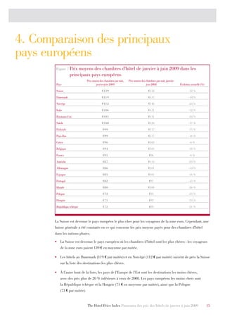 4. Comparaison des principaux
pays européens
        Figure 7 Prix    moyens des chambres d’hôtel de janvier à juin 2009 dans les
                    principaux pays européens
                                 Prix moyen des chambres par nuit,   Prix moyen des chambres par nuit, janvier-
        Pays                             janvier-juin 2009                          juin 2008                     Évolution annuelle (%)

        Suisse                                €139                                     €158                              -12 %

        Danemark                              €119                                     €137                              -14 %

        Norvège                               €112                                     €148                              -24 %

        Italie                                €106                                     €121                              -12 %

        Royaume-Uni                           €101                                     €131                              -22 %

        Suède                                 €100                                     €120                              -17 %

        Finlande                               €99                                     €117                              -15 %

        Pays-Bas                               €99                                     €117                              -16 %

        Grèce                                  €96                                     €102                               -6 %

        Belgique                               €94                                     €105                              -10 %

        France                                 €91                                     €96                                -6 %

        Autriche                               €87                                     €113                              -23 %

        Allemagne                              €86                                     €101                              -14 %

        Espagne                                €85                                     €101                              -16 %

        Portugal                               €82                                     €97                               -15 %

        Irlande                                €80                                     €108                              -26 %

        Pologne                                €73                                     €95                               -23 %

        Hongrie                                €71                                     €92                               -23 %

        République tchèque                     €71                                     €89                               -21 %



       La Suisse est devenue le pays européen le plus cher pour les voyageurs de la zone euro. Cependant, une
       baisse générale a été constatée en ce qui concerne les prix moyens payés pour des chambres d’hôtel
       dans les nations phares.

       •	 La Suisse est devenue le pays européen où les chambres d’hôtel sont les plus chères : les voyageurs
            de la zone euro paient 139 € en moyenne par nuitée.

       •	 Les hôtels au Danemark (119 € par nuitée) et en Norvège (112 € par nuitée) suivent de près la Suisse
            sur la liste des destinations les plus chères.

       •	 À l’autre bout de la liste, les pays de l’Europe de l’Est sont les destinations les moins chères,
            avec des prix plus de 20 % inférieurs à ceux de 2008. Les pays européens les moins chers sont
            la République tchèque et la Hongrie (71 € en moyenne par nuitée), ainsi que la Pologne
            (73 € par nuitée).


                                 The Hotel Price Index Panorama des prix des hôtels de janvier à juin 2009                                 15
 