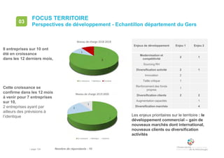 • page 104
FOCUS TERRITOIRE
Perspectives de développement - Echantillon département du Gers
03
Nombre de répondants : 10
Enjeux de développement Enjeu 1 Enjeu 2
Modernisation et
compétitivité
2 1
Sourcing RH
Diversification activité 2 1
Innovation 2
Taille critique 1
Renforcement des fonds
propres
1
Diversification clients 2 2
Augmentation capacités 1
Diversification marchés 4
8 entreprises sur 10 ont
été en croissance
dans les 12 derniers mois,
Cette croissance se
confirme dans les 12 mois
à venir pour 7 entreprises
sur 10,
2 entreprises ayant par
ailleurs des prévisions à
l’identique Les enjeux prioritaires sur le territoire : le
développement commercial – gain de
nouveaux marchés dont international,
nouveaux clients ou diversification
activités
 