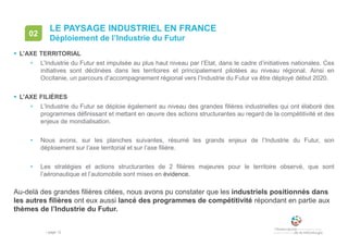 • page 12
LE PAYSAGE INDUSTRIEL EN FRANCE
Déploiement de l’Industrie du Futur
02
 L’AXE TERRITORIAL
• L’Industrie du Futur est impulsée au plus haut niveau par l’Etat, dans le cadre d’initiatives nationales. Ces
initiatives sont déclinées dans les territoires et principalement pilotées au niveau régional. Ainsi en
Occitanie, un parcours d’accompagnement régional vers l’Industrie du Futur va être déployé début 2020.
 L’AXE FILIÈRES
• L’Industrie du Futur se déploie également au niveau des grandes filières industrielles qui ont élaboré des
programmes définissant et mettant en œuvre des actions structurantes au regard de la compétitivité et des
enjeux de mondialisation.
• Nous avons, sur les planches suivantes, résumé les grands enjeux de l’Industrie du Futur, son
déploiement sur l’axe territorial et sur l’axe filière.
• Les stratégies et actions structurantes de 2 filières majeures pour le territoire observé, que sont
l’aéronautique et l’automobile sont mises en évidence.
Au-delà des grandes filières citées, nous avons pu constater que les industriels positionnés dans
les autres filières ont eux aussi lancé des programmes de compétitivité répondant en partie aux
thèmes de l’Industrie du Futur.
 