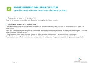 • page 124
04
Parmi les enjeux évoqués en lien avec l’Industrie du Futur
POSITIONNEMENT INDUSTRIE DU FUTUR
 Enjeux au niveau de la conception
De gros enjeux au niveau bureau d’études conception logiciels essais
 Enjeux au niveau de la production :
Lean + numérisation (management visuel sur le numérique avec des actions)  optimisation du cycle de
production
Vers des process de plus en plus automatisés qui nécessitent des profils de plus en plus techniques – un vrai
enjeu identifié à niveau Bac+2
Compétences pour conduire des lignes de production automatisées – automatisme – robotique
Pour les activités à forte manutention enjeu majeur autour de l’ergonomie, aide au poste, exosquelette
 
