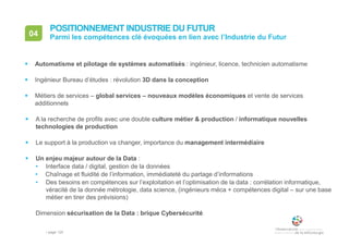 • page 125
04 Parmi les compétences clé évoquées en lien avec l’Industrie du Futur
POSITIONNEMENT INDUSTRIE DU FUTUR
 Automatisme et pilotage de systèmes automatisés : ingénieur, licence, technicien automatisme
 Ingénieur Bureau d’études : révolution 3D dans la conception
 Métiers de services – global services – nouveaux modèles économiques et vente de services
additionnels
 A la recherche de profils avec une double culture métier & production / informatique nouvelles
technologies de production
 Le support à la production va changer, importance du management intermédiaire
 Un enjeu majeur autour de la Data :
• Interface data / digital, gestion de la données
• Chaînage et fluidité de l’information, immédiateté du partage d’informations
• Des besoins en compétences sur l’exploitation et l’optimisation de la data : corrélation informatique,
véracité de la donnée métrologie, data science, (ingénieurs méca + compétences digital – sur une base
métier en tirer des prévisions)
Dimension sécurisation de la Data : brique Cybersécurité
 