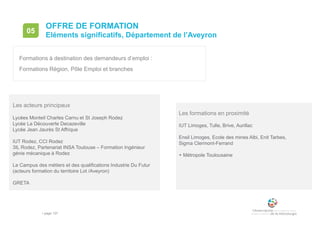 • page 137
OFFRE DE FORMATION
Eléments significatifs, Département de l’Aveyron
05
Les acteurs principaux
Les formations en proximité
IUT Limoges, Tulle, Brive, Aurillac
Ensil Limoges, Ecole des mines Albi, Enit Tarbes,
Sigma Clermont-Ferrand
+ Métropole Toulousaine
Lycées Monteil Charles Carnu et St Joseph Rodez
Lycée La Découverte Decazeville
Lycée Jean Jaurès St Affrique
IUT Rodez, CCI Rodez
3IL Rodez, Partenariat INSA Toulouse – Formation Ingénieur
génie mécanique à Rodez
Le Campus des métiers et des qualifications Industrie Du Futur
(acteurs formation du territoire Lot /Aveyron)
GRETA
Formations à destination des demandeurs d’emploi :
Formations Région, Pôle Emploi et branches
 