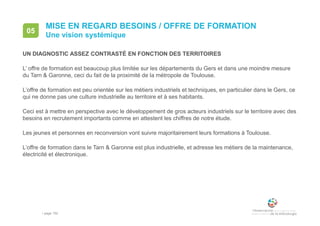 • page 152
MISE EN REGARD BESOINS / OFFRE DE FORMATION
UN DIAGNOSTIC ASSEZ CONTRASTÉ EN FONCTION DES TERRITOIRES
L’ offre de formation est beaucoup plus limitée sur les départements du Gers et dans une moindre mesure
du Tarn & Garonne, ceci du fait de la proximité de la métropole de Toulouse.
L’offre de formation est peu orientée sur les métiers industriels et techniques, en particulier dans le Gers, ce
qui ne donne pas une culture industrielle au territoire et à ses habitants.
Ceci est à mettre en perspective avec le développement de gros acteurs industriels sur le territoire avec des
besoins en recrutement importants comme en attestent les chiffres de notre étude.
Les jeunes et personnes en reconversion vont suivre majoritairement leurs formations à Toulouse.
L’offre de formation dans le Tarn & Garonne est plus industrielle, et adresse les métiers de la maintenance,
électricité et électronique.
Une vision systémique
05
 