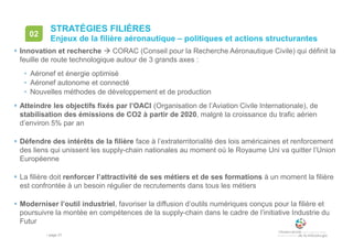 • page 21
STRATÉGIES FILIÈRES
Enjeux de la filière aéronautique – politiques et actions structurantes
02
 Innovation et recherche  CORAC (Conseil pour la Recherche Aéronautique Civile) qui définit la
feuille de route technologique autour de 3 grands axes :
• Aéronef et énergie optimisé
• Aéronef autonome et connecté
• Nouvelles méthodes de développement et de production
 Atteindre les objectifs fixés par l’OACI (Organisation de l’Aviation Civile Internationale), de
stabilisation des émissions de CO2 à partir de 2020, malgré la croissance du trafic aérien
d’environ 5% par an
 Défendre des intérêts de la filière face à l’extraterritorialité des lois américaines et renforcement
des liens qui unissent les supply-chain nationales au moment où le Royaume Uni va quitter l’Union
Européenne
 La filière doit renforcer l’attractivité de ses métiers et de ses formations à un moment la filière
est confrontée à un besoin régulier de recrutements dans tous les métiers
 Moderniser l’outil industriel, favoriser la diffusion d’outils numériques conçus pour la filière et
poursuivre la montée en compétences de la supply-chain dans le cadre de l’initiative Industrie du
Futur
 
