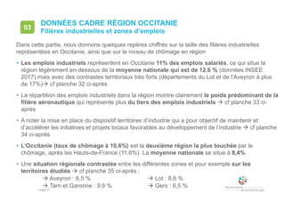 • page 31
DONNÉES CADRE RÉGION OCCITANIE
Filières industrielles et zones d’emplois
03
Dans cette partie, nous donnons quelques repères chiffrés sur la taille des filières industrielles
représentées en Occitanie, ainsi que sur le niveau de chômage en région
 Les emplois industriels représentent en Occitanie 11% des emplois salariés, ce qui situe la
région légèrement en-dessous de la moyenne nationale qui est de 12,6 % (données INSEE
2017) mais avec des contrastes territoriaux très forts (départements du Lot et de l’Aveyron à plus
de 17%) cf planche 32 ci-après
 La répartition des emplois industriels dans la région montre clairement le poids prédominant de la
filière aéronautique qui représente plus du tiers des emplois industriels  cf planche 33 ci-
après
 A noter la mise en place du dispositif territoires d’industrie qui a pour objectif de maintenir et
d’accélérer les initiatives et projets locaux favorables au développement de l’industrie  cf planche
34 ci-après
 L’Occitanie (taux de chômage à 10,6%) est la deuxième région la plus touchée par le
chômage, après les Hauts-de-France (11,6%). La moyenne nationale se situe à 8,4%.
 Une situation régionale contrastée entre les différentes zones et pour exemple sur les
territoires étudiés  cf planche 35 ci-après :
 Aveyron : 6,5 %  Lot : 8,6 %
 Tarn et Garonne : 9,9 %  Gers : 6,5 %
 