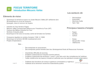 • page 89
FOCUS TERRITOIRE
Introduction Mécanic Vallée
03
• Dynamique du territoire et autour du cluster Mecanic Vallée (201 adhérents dont
99 entreprises du Lot et de l’Aveyron)
Synergies, mise en commun de moyens
• Industrie du Futur lancée à Figeac
• Mécanic vallée Correspondant Alliance pour l’Industrie du Futur (AIF)
• Campus des Métiers Industrie Du Futur
• Territoire d’industrie pilote
• Dynamique en lien avec le nouveau centre de formation de Cambes
• Croissance régulière du nombre d’emplois 11000  13000
• Dynamique du territoire 300 M€ investissement privé
• Projets d’implantations
Les secteurs clé
• Aéronautique
• Automobile
• Machines Outils
• Agro / Agri
Mais …
• Des entreprises en reconversion
• Des entreprises parfois freinées dans leur développement faute de Ressources Humaines
• Importantes difficultés de sourcing
• Problème d’attractivité de l’industrie (comme partout)
• Problème d’attractivité des territoires « ruraux » pour faire venir des compétences de l’extérieur
• Faible mobilité entre les bassins d’emploi en particulier pour les opérateurs (emploi et formation)
• Faiblesse des formations de niveaux supérieurs (universitaire ou ingénieur)
• Faiblesse de la dimension recherche et laboratoires publics
Eléments de vision
Principaux bassins d’emploi
• Figeac
• Souillac
• Cahors
• Rodez
• Decazeville / Viviez
• Villefranche
 