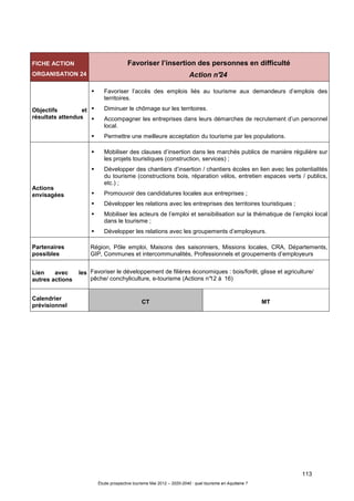 113
Étude prospective tourisme Mai 2012 – 2020-2040 : quel tourisme en Aquitaine ?
FICHE ACTION
ORGANISATION 24
Favoriser l’insertion des personnes en difficulté
Action n°24
Objectifs et
résultats attendus
Favoriser l’accès des emplois liés au tourisme aux demandeurs d’emplois des
territoires.
Diminuer le chômage sur les territoires.
Accompagner les entreprises dans leurs démarches de recrutement d’un personnel
local.
Permettre une meilleure acceptation du tourisme par les populations.
Actions
envisagées
Mobiliser des clauses d’insertion dans les marchés publics de manière régulière sur
les projets touristiques (construction, services) ;
Développer des chantiers d’insertion / chantiers écoles en lien avec les potentialités
du tourisme (constructions bois, réparation vélos, entretien espaces verts / publics,
etc.) ;
Promouvoir des candidatures locales aux entreprises ;
Développer les relations avec les entreprises des territoires touristiques ;
Mobiliser les acteurs de l’emploi et sensibilisation sur la thématique de l’emploi local
dans le tourisme ;
Développer les relations avec les groupements d’employeurs.
Partenaires
possibles
Région, Pôle emploi, Maisons des saisonniers, Missions locales, CRA, Départements,
GIP, Communes et intercommunalités, Professionnels et groupements d’employeurs
Lien avec les
autres actions
Favoriser le développement de filières économiques : bois/forêt, glisse et agriculture/
pêche/ conchyliculture, e-tourisme (Actions n°12 à 16)
Calendrier
prévisionnel
CT MT
 