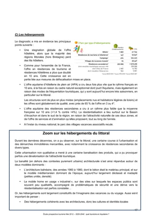 17
Étude prospective tourisme Mai 2012 – 2020-2040 : quel tourisme en Aquitaine ?
C) Les hébergements
Le diagnostic a mis en évidence les principaux
points suivants :
• Une stagnation globale de l’offre
hôtelière, alors que la majorité des
régions littorales (hors Bretagne) perd
des lits hôteliers.
• Comme pour l’ensemble de la France,
l’offre en résidences de tourisme et
résidences hôtelières a plus que doublé
en 10 ans. Cette croissance est en
partie liée aux mesures de défiscalisation mises en place.
• L’offre aquitaine d’hôtellerie de plein air (HPA) a cru deux fois plus vite que le rythme français en
10 ans, à la fois en raison du cadre naturel exceptionnel dont jouit l’Aquitaine, mais également en
raison des modes de fréquentation touristiques, qui y sont aujourd’hui encore très saisonniers, en
particulier sur le littoral.
Les structures sont de plus en plus mixtes (emplacements nus et habitations légères de loisirs) et
les offres sont globalement de qualité, avec près de 65 % de l’offre en 3 ou 4*.
• L’offre aquitaine des résidences secondaires a cru à un rythme plus faible que la moyenne
française sur 10 ans (+1,4 % contre +4%). La résidentialisation a lieu surtout sur le Bassin
d’Arcachon et dans le sud de la région, en raison de l’attractivité naturelle de ces deux zones, et
de l’offre de services et d’animation qu’elles proposent, tout au long de l’année.
• A l’instar du niveau national, le parc des villages vacances associatifs recule.
Zoom sur les hébergements du littoral
Durant les dernières décennies, on a pu observer, sur le littoral, une certaine course à l’urbanisation et
des démarches immobilières mercantiles, avec notamment la croissance de résidences secondaires de
divers types.
Cette urbanisation non qualitative a mené à une certaine banalisation des produits, qui a pu provoquer
parfois une dévalorisation de l’attractivité touristique.
La banalité (en dehors des contextes purement urbains) architecturale s’est ainsi répandue autour de
deux modèles dominants :
• L’architecture balnéaire, des années 1960 à 1980, dont le béton était le matériau principal, et sur
le modèle méditerranéen dominant de l’époque, aujourd’hui largement déclassé et inadapté
(petites unités, densité)
• Le mobile home en usage « industriel », sur des sites sur lesquels les espaces publics sont
souvent peu qualitatifs, accompagné de problématiques de sécurité et une dérive vers la
résidentialisation est parfois constatée…
Or, les hébergements sont largement constitutifs de l’imaginaire des vacances ou du voyage. Aussi est-il
important de penser :
• Des hébergements cohérents avec les architectures, donc les cultures et identités locales
 