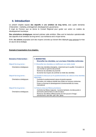 55
Étude prospective tourisme Mai 2012 – 2020-2040 : quel tourisme en Aquitaine ?
0. Introduction
Le présent chapitre expose des objectifs et une ambition de long terme, avec quatre domaines
d’intervention : marketing, aménagement, développement, gouvernance.
Il s’agit de l’horizon que se donne le Conseil Régional pour guider son action en matière de
développement touristique.
Des orientations stratégiques viennent préciser cette ambition. Elles sont la traduction opérationnelle
des objectifs et de l’ambition de long terme. Leur échéance est à moyen terme.
Enfin, les actions proposées sont des moyens concrets qui doivent être déployés pour amorcer la mise
en œuvre de la stratégie.
Exemple d’organisation d’un chapitre :
Domaine d’intervention : 1. MARKETING
Diversifier les clientèles, sur une base d’identités renforcées
Objectif de long terme : 1.1 Diversifier les clientèles en réaffirmant une réelle mixité
Orientations stratégiques : Attirer des clientèles étrangères, notamment par la qualité, l’innovation et
une montée en gamme des produits
Renforcer les clientèles de proximité
Se donner les moyens de conforter la mixité des clientèles
Objectif de long terme :
Orientations stratégiques :
1.2 Clarifier le discours sur le positionnement, les valeurs et les identités
régionales
Conforter le positionnement nature et grands espaces
Permettre une meilleure lisibilité des entités de marques cohérentes
Porter ou favoriser le développement d’événementiels de niveau
international
Objectif de long terme :
Orientations stratégiques :
1.3 Faire le choix de filières prioritaires
Conforter les filières majeures : tourisme balnéaire, de découverte à
dominante patrimoniale et rurale de séjour
Renforcer des filières différenciantes et à fort pouvoir d’image :
oenotourisme, bien-être, golf, vélo, glisse
 