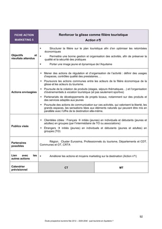 92
Étude prospective tourisme Mai 2012 – 2020-2040 : quel tourisme en Aquitaine ?
FICHE ACTION
MARKETING 5
Renforcer la glisse comme filière touristique
Action n°5
Objectifs et
résultats attendus
Structurer la filière sur le plan touristique afin d’en optimiser les retombées
économiques
Permettre une bonne gestion et organisation des activités, afin de préserver la
qualité et la sécurité des pratiques
Porter une image jeune et dynamique de l’Aquitaine
Actions envisagées
Mener des actions de régulation et d’organisation de l’activité : définir des usages
d’espaces, contrôles qualité des prestataires….
Poursuivre les actions communes entre les acteurs de la filière économique de la
glisse et les acteurs du tourisme.
Poursuite de la création de produits (stages, séjours thématiques…) et l’organisation
d’événementiels à vocation touristique (et pas seulement sportive)
Partenariats de développements de projets locaux, notamment sur des produits et
des services adaptés aux jeunes
Poursuite des actions de communication sur ces activités, qui valorisent la liberté, les
grands espaces, les sensations liées aux éléments naturels qui peuvent être mis en
parallèle avec l’offre de la destination elle-même.
Publics visés
Clientèles cibles : Français initiés (jeunes) en individuels et débutants (jeunes et
adultes) en groupes (par l’intermédiaire de TO ou associations)
Étrangers initiés (jeunes) en individuels et débutants (jeunes et adultes) en
groupes (TO)
Partenaires
possibles
Région, Cluster Eurosima, Professionnels du tourisme, Départements et CDT,
Communes et OT, CRTA
Lien avec les
autres actions
Améliorer les actions et moyens marketing sur la destination (Action n°1)
Calendrier
prévisionnel
CT MT
 