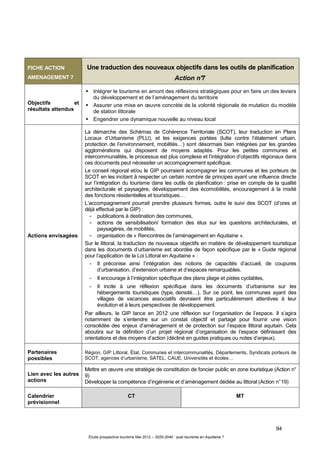 94
Étude prospective tourisme Mai 2012 – 2020-2040 : quel tourisme en Aquitaine ?
FICHE ACTION
AMENAGEMENT 7
Une traduction des nouveaux objectifs dans les outils de planification
Action n°7
Objectifs et
résultats attendus
Intégrer le tourisme en amont des réflexions stratégiques pour en faire un des leviers
du développement et de l’aménagement du territoire
Assurer une mise en œuvre concrète de la volonté régionale de mutation du modèle
de station littorale
Engendrer une dynamique nouvelle au niveau local
Actions envisagées
La démarche des Schémas de Cohérence Territoriale (SCOT), leur traduction en Plans
Locaux d’Urbanisme (PLU), et les exigences portées (lutte contre l’étalement urbain,
protection de l’environnement, mobilités…) sont désormais bien intégrées par les grandes
agglomérations qui disposent de moyens adaptés. Pour les petites communes et
intercommunalités, le processus est plus complexe et l’intégration d’objectifs régionaux dans
ces documents peut nécessiter un accompagnement spécifique.
Le conseil régional et/ou le GIP pourraient accompagner les communes et les porteurs de
SCOT en les incitant à respecter un certain nombre de principes ayant une influence directe
sur l’intégration du tourisme dans les outils de planification : prise en compte de la qualité
architecturale et paysagère, développement des écomobilités, encouragement à la mixité
des fonctions résidentielles et touristiques…
L’accompagnement pourrait prendre plusieurs formes, outre le suivi des SCOT (d’ores et
déjà effectué par le GIP) :
- publications à destination des communes,
- actions de sensibilisation/ formation des élus sur les questions architecturales, et
paysagères, de mobilités,
- organisation de « Rencontres de l’aménagement en Aquitaine ».
Sur le littoral, la traduction de nouveaux objectifs en matière de développement touristique
dans les documents d’urbanisme est abordée de façon spécifique par le « Guide régional
pour l’application de la Loi Littoral en Aquitaine » :
- Il préconise ainsi l’intégration des notions de capacités d’accueil, de coupures
d’urbanisation, d’extension urbaine et d’espaces remarquables.
- Il encourage à l’intégration spécifique des plans plage et pistes cyclables,
- Il incite à une réflexion spécifique dans les documents d’urbanisme sur les
hébergements touristiques (type, densité…). Sur ce point, les communes ayant des
villages de vacances associatifs devraient être particulièrement attentives à leur
évolution et à leurs perspectives de développement.
Par ailleurs, le GIP lance en 2012 une réflexion sur l’organisation de l’espace. Il s’agira
notamment de s’entendre sur un constat objectif et partagé pour fournir une vision
consolidée des enjeux d’aménagement et de protection sur l’espace littoral aquitain. Cela
aboutira sur la définition d’un projet régional d’organisation de l’espace définissant des
orientations et des moyens d’action (décliné en guides pratiques ou notes d’enjeux).
Partenaires
possibles
Région, GIP Littoral, État, Communes et intercommunalités, Départements, Syndicats porteurs de
SCOT, agences d’urbanisme, SATEL, CAUE, Universités et écoles…
Lien avec les autres
actions
Mettre en œuvre une stratégie de constitution de foncier public en zone touristique (Action n°
9)
Développer la compétence d’ingénierie et d’aménagement dédiée au littoral (Action n°19)
Calendrier
prévisionnel
CT MT
 