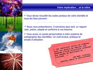 Vous devez recueillir les codes postaux de votre clientèle et nous les faire parvenir. Nous vous présenterons, 2 semaines plus tard, un rapport clair, précis, adapté et conforme   à vos besoins. « les résultats clairs et simples nous ont permis de déposer une demande d’aide financière conforme aux normes du Ministère du tourisme.    » SAM KWAN, fondateur FESTIVAL URBAIN de TROIS-RIVIERES Votre implication….et la nôtre  Vous aurez un accès personnalisé à notre système de cartographie des clientèles. Un outil évolué, pratique et simple d’utilisation. 