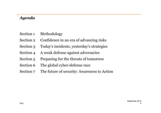 Agenda

Section 1

Methodology

Section 2

Confidence in an era of advancing risks

Section 3

Today’s incidents, yesterday’s strategies

Section 4

A weak defense against adversaries

Section 5

Preparing for the threats of tomorrow

Section 6

The global cyber-­defense race

Section 7

The future of security: Awareness to Action

PwC

September 2013
5

 