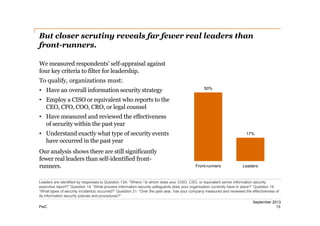But closer scrutiny reveals far fewer real leaders than
front-­runners.
We measured respondents’ self-­appraisal against
four key criteria to filter for leadership.
To qualify, organizations must:
• Have an overall information security strategy

50%

• Employ a CISO or equivalent who reports to the
CEO, CFO, COO, CRO, or legal counsel
• Have measured and reviewed the effectiveness
of security within the past year
• Understand exactly what type of security events
have occurred in the past year
Our analysis shows there are still significantly
fewer real leaders than self-­identified front-­
runners.

17%

Front-runners

Leaders

Leaders are identified by responses to Question 13A: “Where / to whom does your CISO, CSO, or equivalent senior information security
executive report?” Question 14: “What process information security safeguards does your organization currently have in place?” Question 19:
“What types of security incident(s) occurred?” Question 31: “Over the past year, has your company measured and reviewed the effectiveness of
its information security policies and procedures?”
PwC

September 2013
13

 