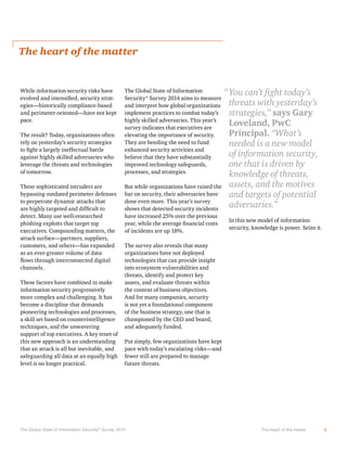 The heart of the matter

“

The Global State of Information Security ® Survey 2014

threats with yesterday’s
strategies,” says Gary
Loveland, PwC
Principal. “What’s
needed is a new model
of information security,
one that is driven by
knowledge of threats,
assets, and the motives
and targets of potential
adversaries.”

The heart of the matter

1

 