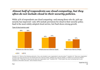 Almost half of respondents use cloud computing, but they
often do not include cloud in their security policies.
While 47% of respondents use cloud computing—and among those who do, 59% say
security has improved—only 18% include provisions for cloud in their security policy.
SaaS is the most widely adopted cloud service, but PaaS shows strong growth.
Type of cloud service used
69%

69%

44%

47%
37%
29%

Software-as-a-Service (SaaS)
2012

Infrastructure-as-a-Service (IaaS)

Platform-as-a-Service (PaaS)

2013

Question 32: “Which of the following elements, if any, are included in your organization’s security policy?” Question 42: “Does your organization
currently use cloud services such as Infrastructure-as-a-Service (IaaS), Software-as-a-Service (SaaS), or Platform-as-a-Service (PaaS)?”
Question 42A: “What type of cloud service does your organization use?” Question 42C: “What impact has cloud computing had on your
company’s information security?” (Not all factors shown.)
PwC

September 2013
29

 