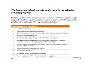 The fundamental safeguards you’ll need for an effective
security program.
Effective security requires implementation of numerous technical, policy, and people
safeguards. Based on a regression analysis of survey responses and PwC’s experience in
global security practices, the following are ten key strategies.
Essential safeguards for effective security

1

A written security policy

2

Back-up and recovery/business continuity plans

3

Minimum collection and retention of personal information, with physical access restrictions
to records containing personal data

4

Strong technology safeguards for prevention, detection, and encryption

5

Accurate inventory of where personal data of employees and customers is collected,
transmitted, and stored, including third parties that handle that data

6

Internal and external risk assessments of privacy, security, confidentiality, and integrity of
electronic and paper records

7

Ongoing monitoring of the data-privacy program

8

Personnel background checks

9

An employee security awareness training program

10
PwC

Require employees and third parties to comply with privacy policies

September 2013
45

 