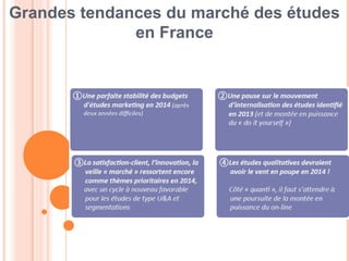 DO IT YOURSELF
 Elaborer soi-même une étude
 Avantages : peu cher, grande quantité
d’informations disponible sur internet
 Limites : pas de contrôle de la qualité des données ;
peu d’informations proviennent de publications de
premier plan / d’éditeurs professionnels
 