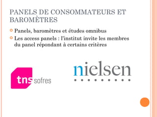 CONSEILS POUR UNE ÉTUDE PAR
INTERNET EFFICACE
 Ne pas instrumentaliser les réponses
 Les commanditaires des questionnaires
attendent trop souvent des confirmations de
leurs idées/suppositions
 Contextualisation des questionnaires
 Certains moment sont plus propices pour des
enquêtes (ie. juste après l’achat)
 